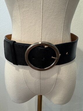 Prada Black Wide Leather Belt with Round Silver-Tone Buckle
